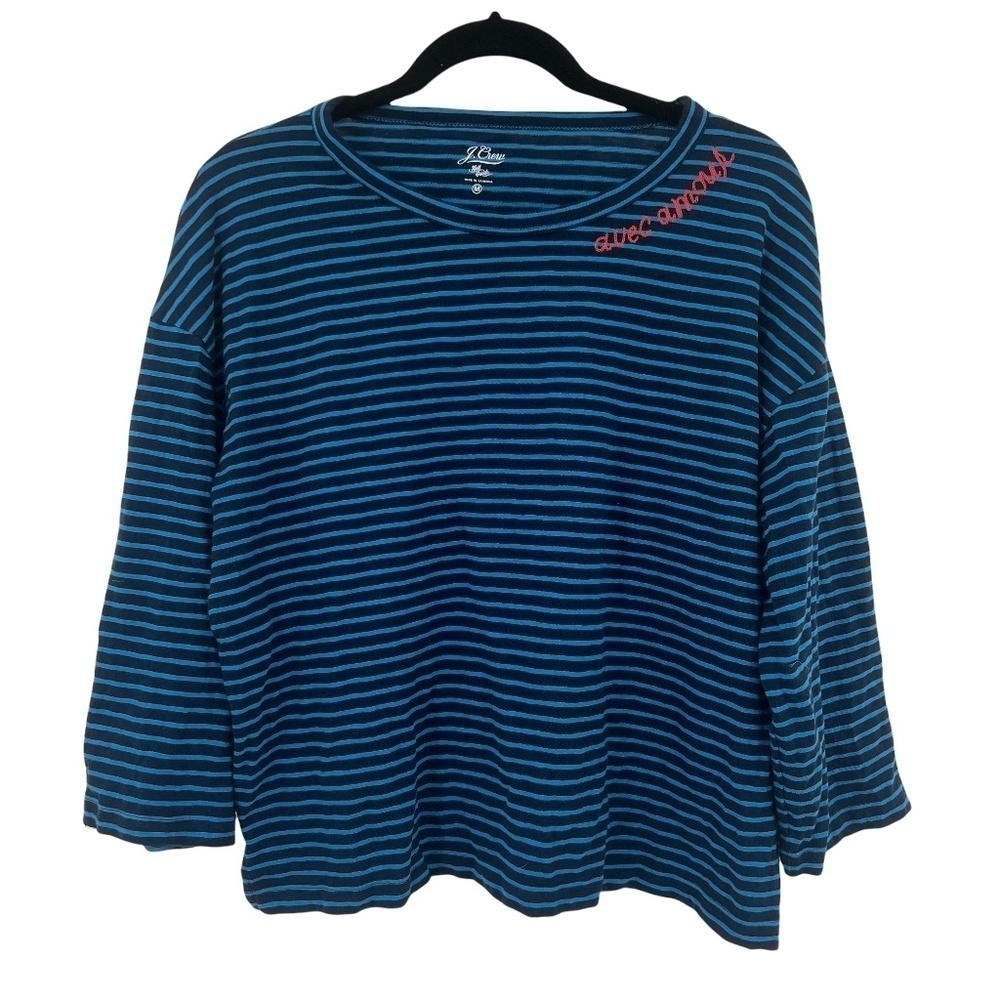 J. Crew Blue Striped Avec Amour Embroidered Boat Neck Shirt Size Medium Women’s